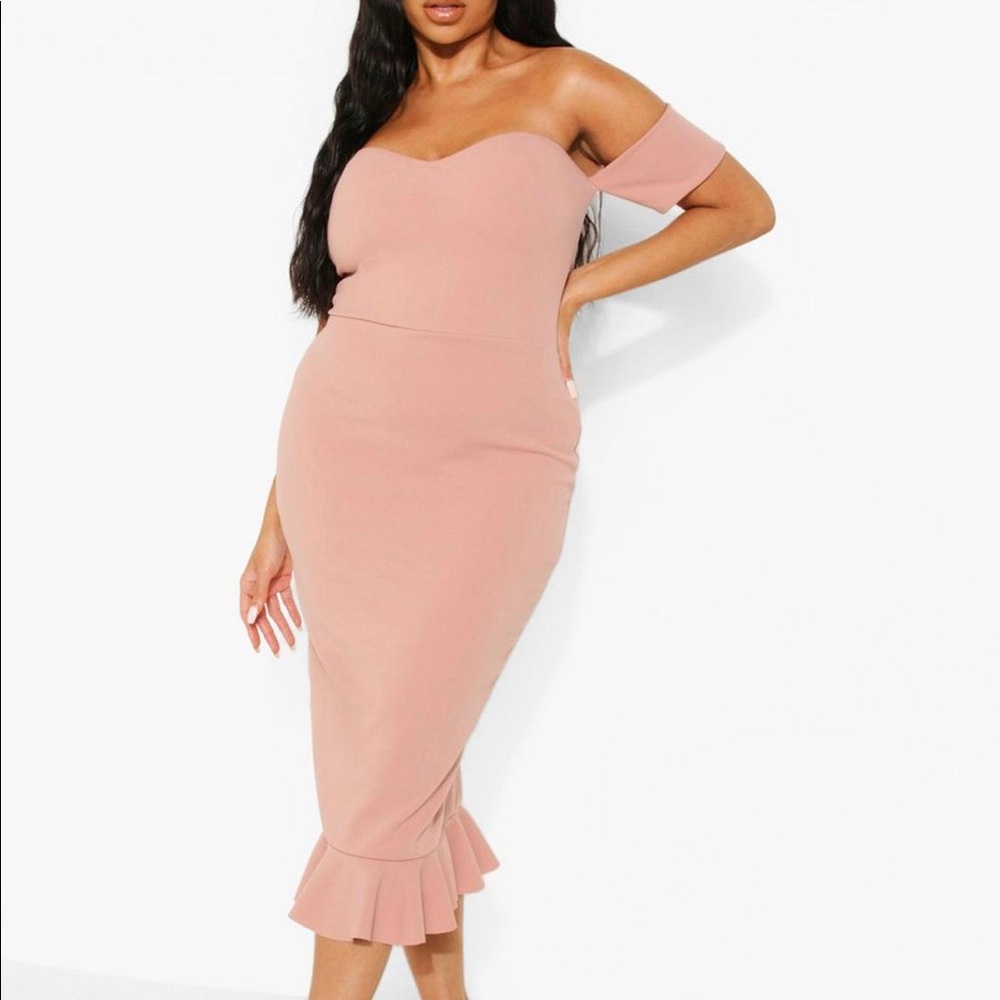 Off the shoulder peplum hem midi